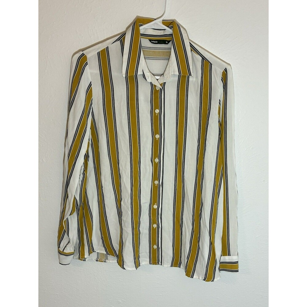 Defacto Women XL Blouse Yellow Blue and white striped, Collared